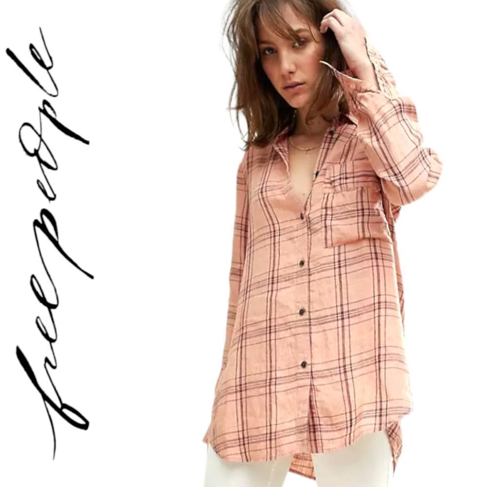 FREE PEOPLE 100% LINEN PEACH PLAID BUTTON DOWN, SPLIT BACK, BACK BUTTON DOWN TOP